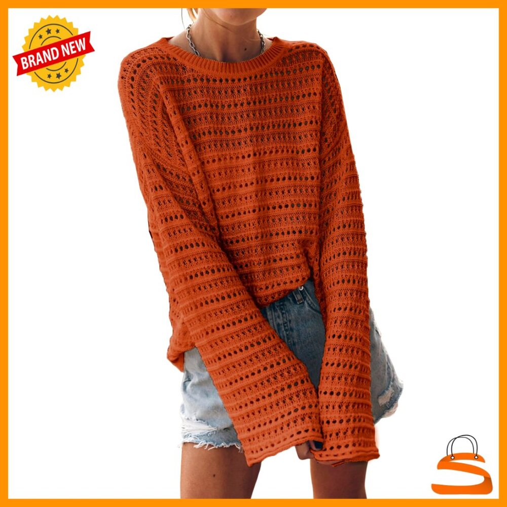 Lightweight Crochet Pullover Sweater Long Sleeve Hollow Out Knit Top